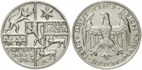 Gedenkmünzen
3 Reichsmark Marburg
1927 A. vorzüglich, zwei Stiftlöcher im Rand