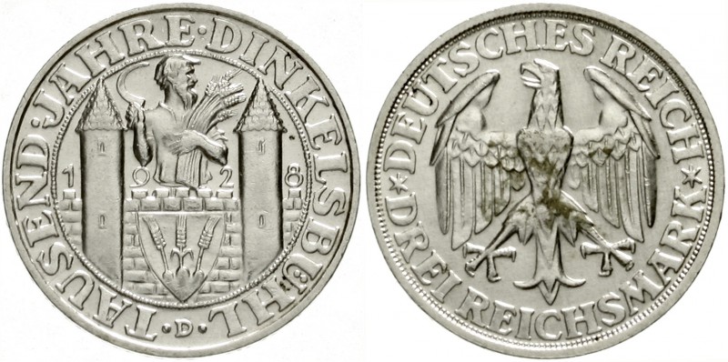 Gedenkmünzen
3 Reichsmark Dinkelsbühl
1928 D. fast Stempelglanz