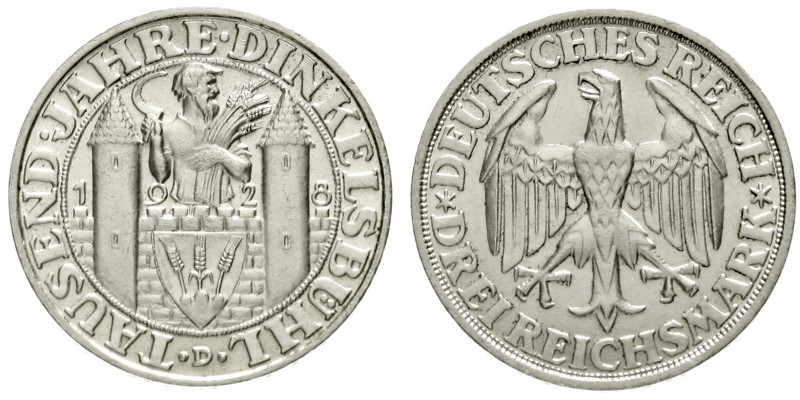 Gedenkmünzen
3 Reichsmark Dinkelsbühl
1928 D. fast Stempelglanz