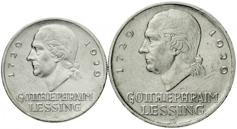Gedenkmünzen
5 Reichsmark Lessing
2 Stück: 3 und 5 Reichsmark 1929 A. sehr sch...