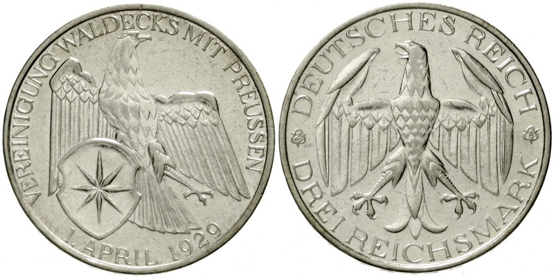 Gedenkmünzen
3 Reichsmark Waldeck
1929 A. sehr schön