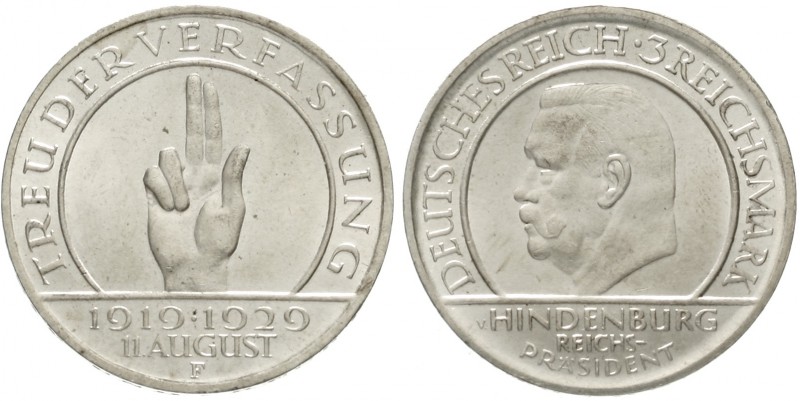 Gedenkmünzen
3 Reichsmark Schwurhand
1929 F. fast Stempelglanz