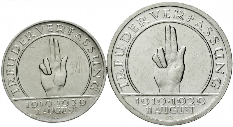 Gedenkmünzen
5 Reichsmark Schwurhand
2 Stück: 3 und 5 Reichsmark 1929 A. vorzü...