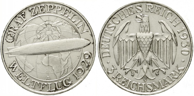 Gedenkmünzen
3 Reichsmark Zeppelin
1930 A. fast Stempelglanz