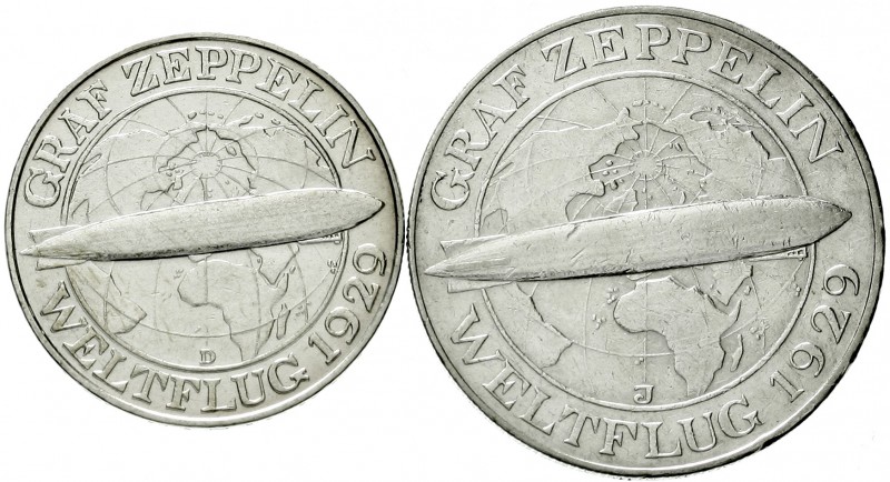 Gedenkmünzen
5 Reichsmark Zeppelin
2 Stück: 3 Reichsmark 1929 D und 5 Reichsma...
