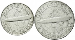 Gedenkmünzen
5 Reichsmark Zeppelin
2 Stück: 3 Reichsmark 1929 D und 5 Reichsmark 1929 A.
vorzüglich und sehr schön