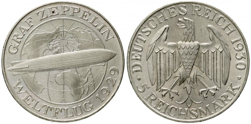 Gedenkmünzen
5 Reichsmark Zeppelin
1930 A. fast Stempelglanz