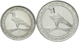 Gedenkmünzen
5 Reichsmark Rheinstrom
2 Stück: 3 und 5 Reichsmark 1930 A. fast vorzüglich, kl. Kratzer