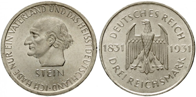 Gedenkmünzen
3 Reichsmark Stein Reichsfreiherr
1931 A. vorzüglich/Stempelglanz...