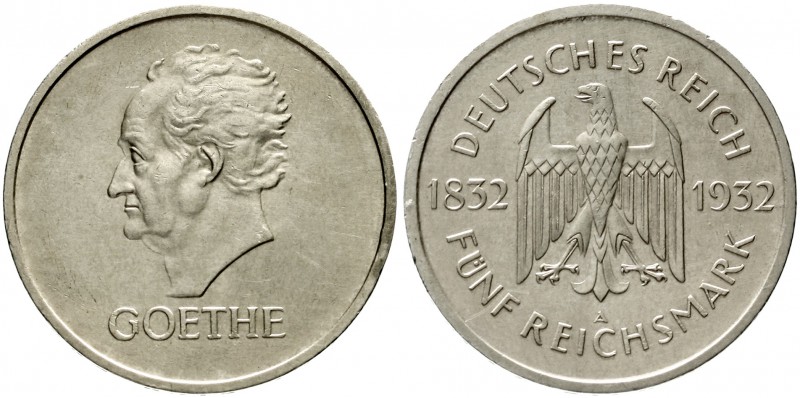 Gedenkmünzen
5 Reichsmark Goethe
1932 A. gutes vorzüglich, min. berieben und w...