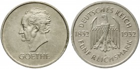 Gedenkmünzen
5 Reichsmark Goethe
1932 A. gutes vorzüglich, min. berieben und winz. Randfehler