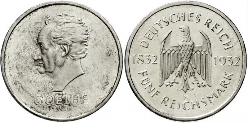Gedenkmünzen
5 Reichsmark Goethe
1932 F. vorzüglich/Stempelglanz aus Polierte ...