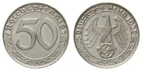 Klein/- und Kursmünzen
50 Reichspfennig, Nickel 1938-1939
1938 E. vorzüglich/Stempelglanz, kl. Randfehler
