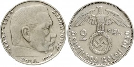 Klein/- und Kursmünzen
2 Reichsmark Hindenburg, Silber 1936-1939
1936 J. sehr schön/vorzüglich, selten