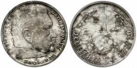 Klein/- und Kursmünzen
5 Reichsmark Hindenb. Hakenkr. Silber, 1936-1939
1936 E. Polierte Platte, schöne Patina, sehr selten