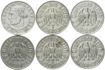Gedenkmünzen
2 Reichsmark Luther 1933-1934
6 Stück, komplette Serie mit allen Buchstaben 1933 A,D,E,F,G,J. sehr schön bis vorzüglich