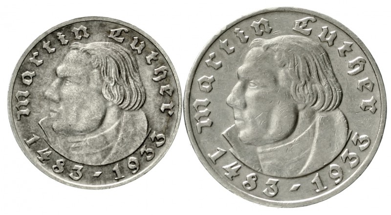 Gedenkmünzen
5 Reichsmark Luther, 1933-1934
2 Stück: 2 und 5 Reichsmark 1933 A...
