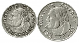 Gedenkmünzen
5 Reichsmark Luther, 1933-1934
2 Stück: 2 und 5 Reichsmark 1933 A. beide sehr schön