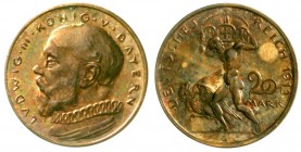 Kaiserreich
Bayern
20 Mark 1913, von Karl Goetz, München. Bronze.
vorzüglich/Stempelglanz, Lackreste