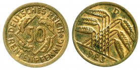 Weimarer Republik
50 Rentenpfennig 1923 D. Stempeldrehung ca. 35°.
vorzüglich