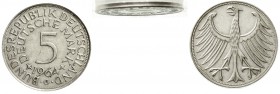 Bundesrepublik Deutschland
5 Mark Kursmünze Silber 1964 G. Prägung ohne Randschrift (verm. während des Prägens aus dem Ring gesprungen), Durchmesser ...