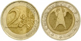 Bundesrepublik Deutschland
2 Euro o.J.(2001 ?) und ohne Münzstättenbuchstabe (Berlin). Radial ausgerichtete Sterne.
sehr schön/vorzüglich
