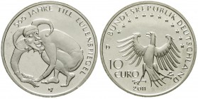 Bundesrepublik Deutschland
10 Euro Till Eulenspiegel 2011 D in Silber, jedoch mit dem Cu/Ni-Stempel geprägt. Ohne Feinheitangabe. 16,00 g. Laut Jaege...