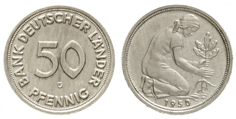 Kursmünzen
50 Pfennig, Kupfer/Nickel 1949-2001
1950 G. Bank Deutscher Länder....