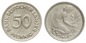 Kursmünzen
50 Pfennig, Kupfer/Nickel 1949-2001
1950 G. Bank Deutscher Länder.
vorzüglich/Stempelglanz, winz. Randfehler