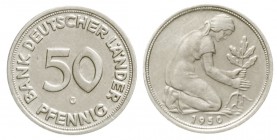 Kursmünzen
50 Pfennig, Kupfer/Nickel 1949-2001
1950 G. Bank Deutscher Länder.
gutes sehr schön