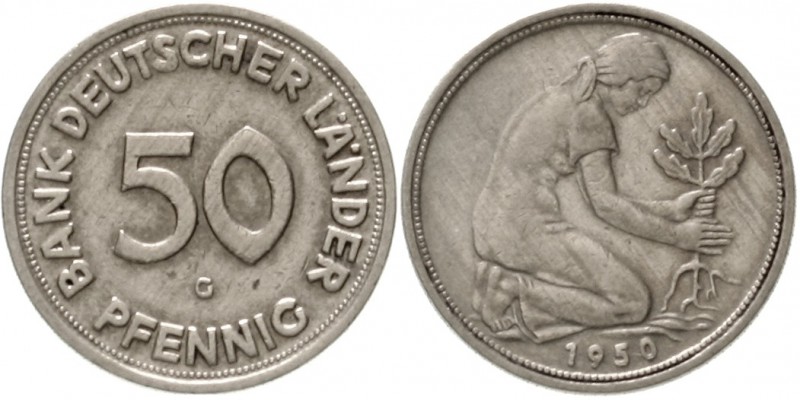 Kursmünzen
50 Pfennig, Kupfer/Nickel 1949-2001
1950 G. Bank Deutscher Länder....