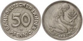 Kursmünzen
50 Pfennig, Kupfer/Nickel 1949-2001
1950 G. Bank Deutscher Länder.
sehr schön