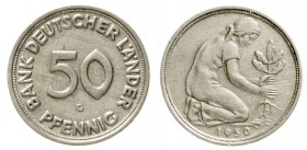 Kursmünzen
50 Pfennig, Kupfer/Nickel 1949-2001
1950 G. Bank Deutscher Länder.
sehr schön
