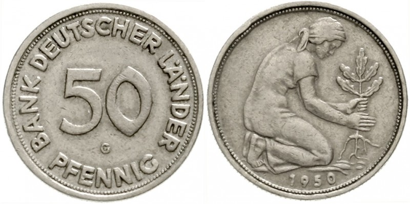 Kursmünzen
50 Pfennig, Kupfer/Nickel 1949-2001
1950 G. Bank Deutscher Länder....