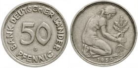 Kursmünzen
50 Pfennig, Kupfer/Nickel 1949-2001
1950 G. Bank Deutscher Länder.
sehr schön, Randfehler