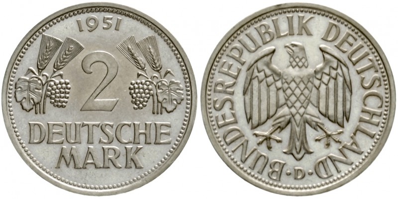 Kursmünzen
2 Deutsche Mark Ähren, Kupfer/Nickel 1951
1951 D. Auflage nur 200 E...