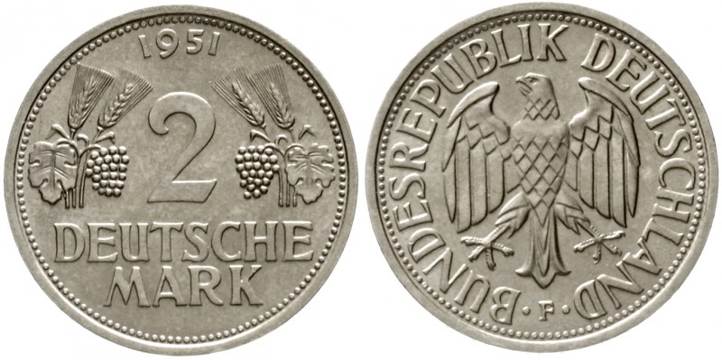 Kursmünzen
2 Deutsche Mark Ähren, Kupfer/Nickel 1951
1951 F. fast Stempelglanz...