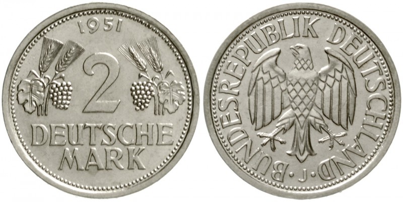 Kursmünzen
2 Deutsche Mark Ähren, Kupfer/Nickel 1951
1951 J. fast Stempelglanz...