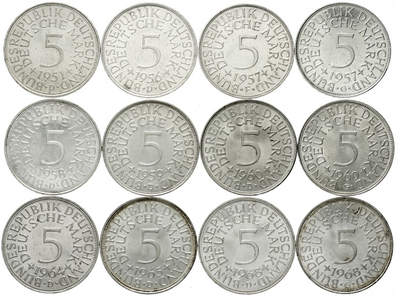 Kursmünzen
5 Deutsche Mark Silber 1951-1974
12 Stück: 1951 D, 1956 D, 1957 F,G...