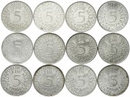 Kursmünzen
5 Deutsche Mark Silber 1951-1974
12 Stück: 1951 D, 1956 D, 1957 F,G, 1958 D, 1959 D, 1960 D,G, 1964 D, 1965 D, 1968 D,G. vorzüglich/Stemp...