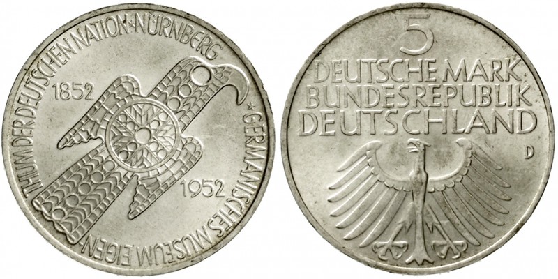 Gedenkmünzen
5 Deutsche Mark, Silber, 1952-1979
Germanisches Museum 1952 D. fa...