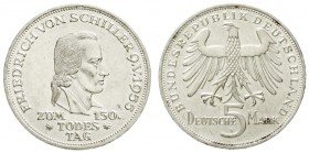 Gedenkmünzen
5 Deutsche Mark, Silber, 1952-1979
Schiller 1955 F. sehr schön/vorzüglich, Randfehler