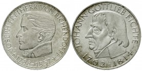 Gedenkmünzen
5 Deutsche Mark, Silber, 1952-1979
2 Stück: Eichendorff 1957 (kl. Randf.) und Fichte 1964.
vorzüglich/Stempelglanz