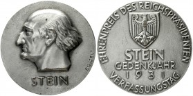 Deutschland
Weimarer Republik, 1919-1933
Ehrenpreis des Reichspräsidenten 1931 v. Bosselt. Verfassungstag/Stein-Gedenkjahr. Bronze versilb., 71,8 mm...