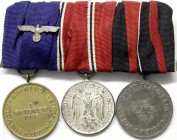 Deutschland
Drittes Reich, 1933-1945
Dreier-Ordenspange: Medaille 1. Okt. 1938, Wehrmachts-DA 4 Jahre, Med. 13. März 1938. sehr schön/vorzüglich