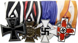 Deutschland
Drittes Reich, 1933-1945
Vierer-Ordenspange: EK II 1914, Ehrenkr. f. Frontk., Treudienstehrenz. 25 Jahre und Ehrenzeichen für Verdienste...