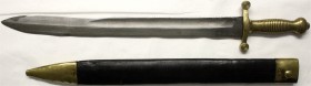 Blankwaffen
Deutschland
Faschinenmesser 1836 mit Säge in Scheide. Auf der Klinge mehrere Abnahmestempel. Länge 67,5 cm