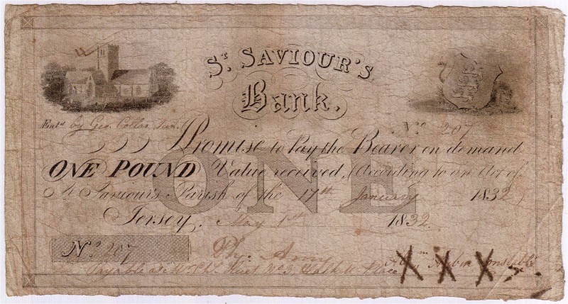 Ausland
Jersey
St. Saviour`s Bank. One Pound 1. Mai 1832 (handschriftlich eing...