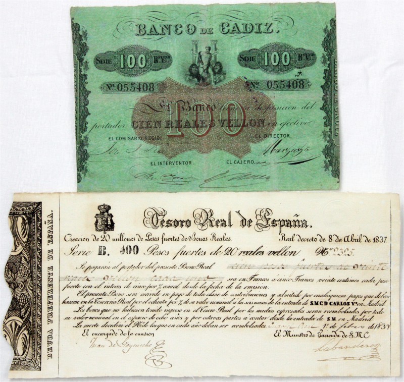 Ausland
Spanien
2 alte Scheine: Banco de Cadiz 100 Reales de Vellon o.J. (1847...