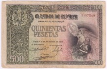 Ausland
Spanien
500 Pesetas 21.10.1940. IV, kl. Einrisse, selten